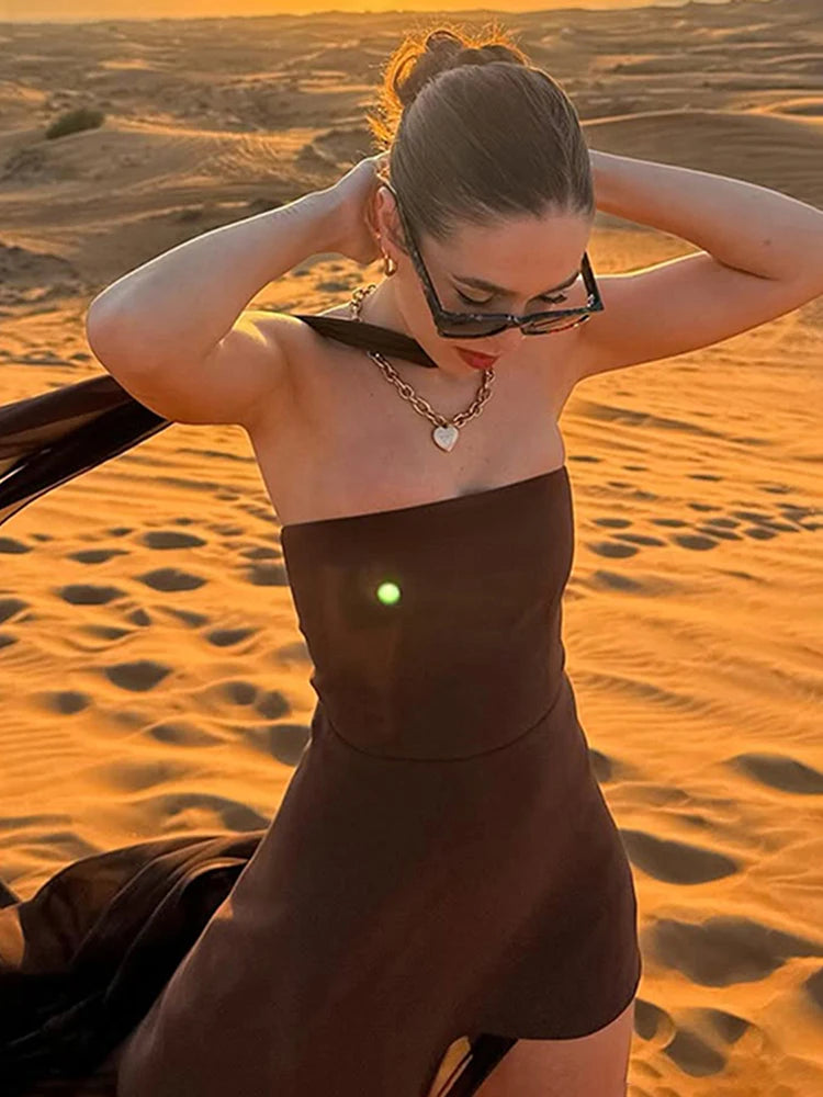 2025 New Strapless Dress With Ribbon Women's Elegant Sleeveless Mesh Beach Vacation Long Dress Spring Fashion Lady Dress