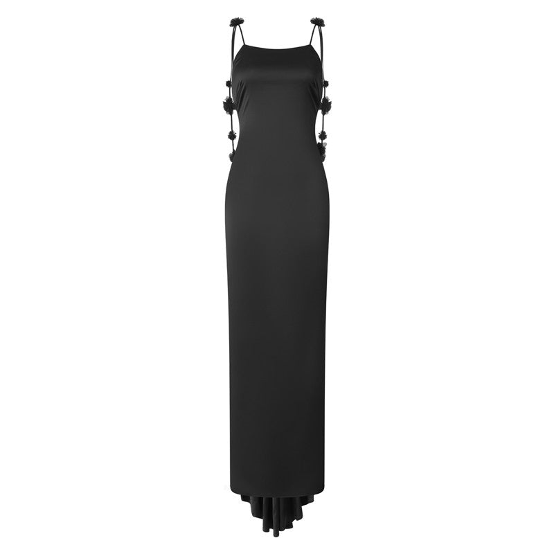 hirigin Women Long Bodycon Dress Solid Color Flower Tassel Sleeveless Sling Cocktail Dress Summer Party Club Backless Long Dress