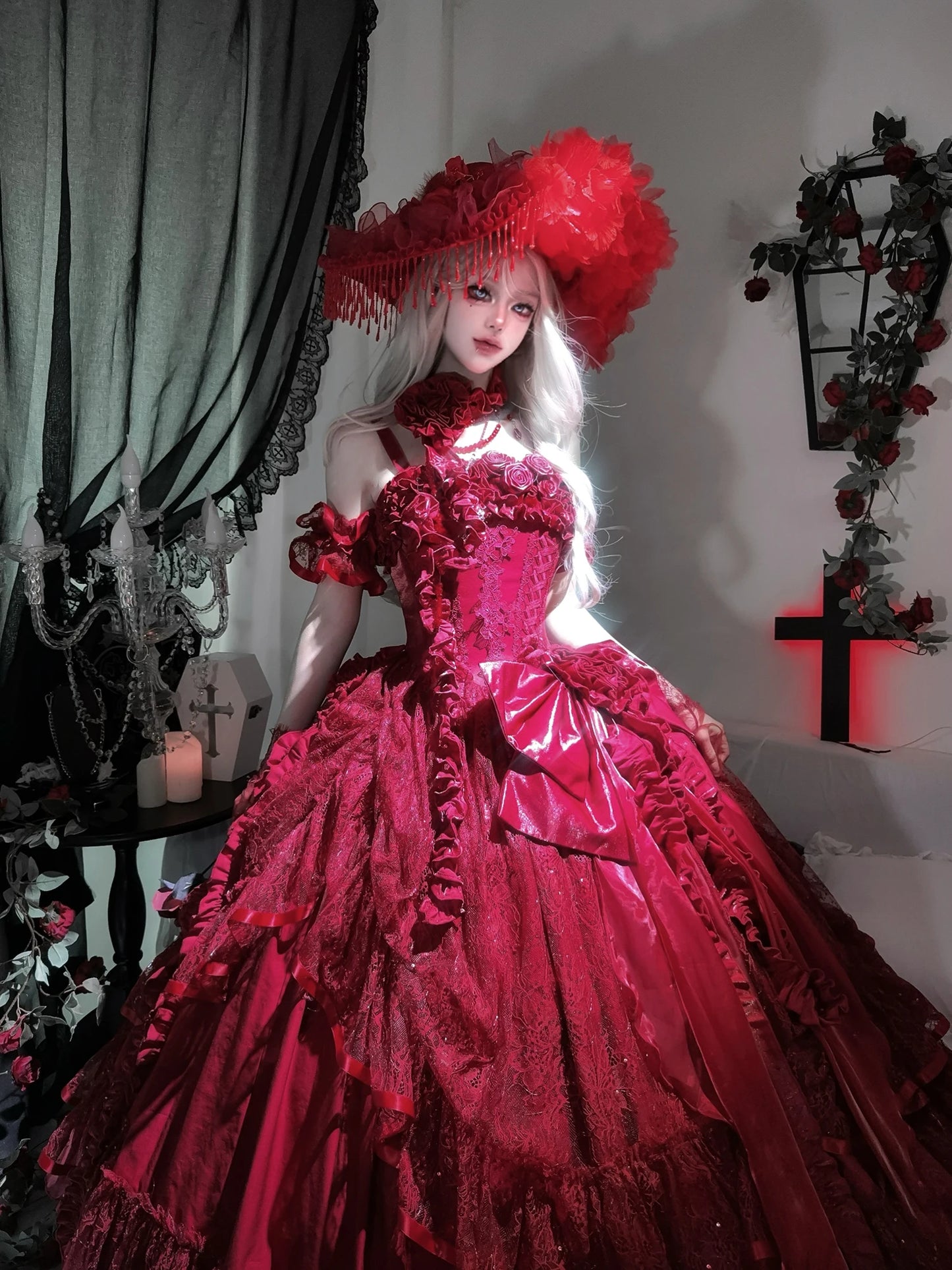 Original Burgundy Fish Bone Flower Wedding Dress Lolita Girl Women's Fairy Lace Bow Slim Maxi Long Party Birthday Dresses