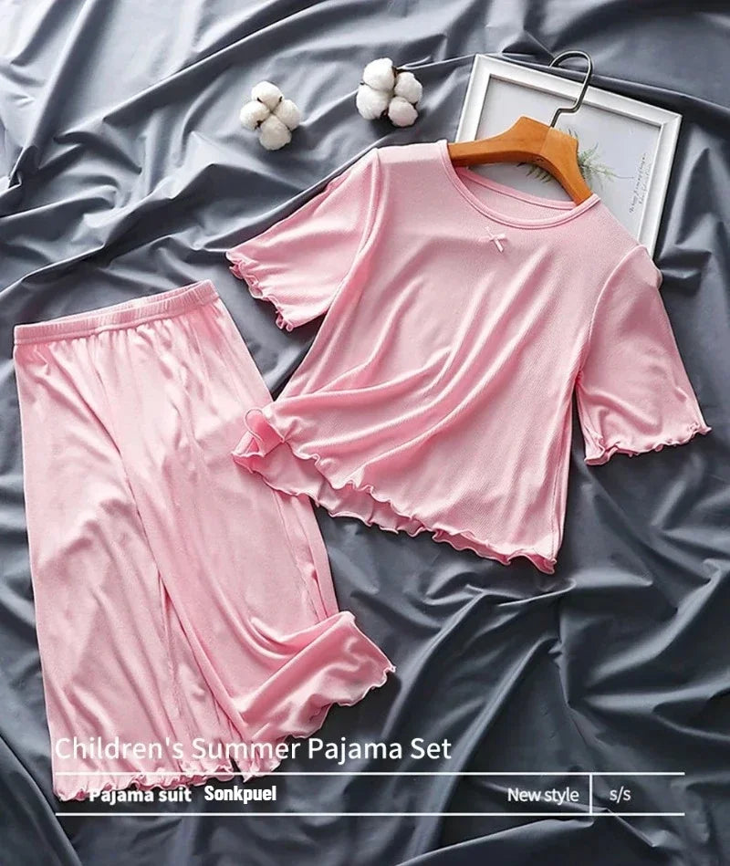 Girls Ice Silk Set Thin Children Homewear Clothes Summer Kids Air Conditioning Short Sleeve Children Sets Girl Pajamas Outfit