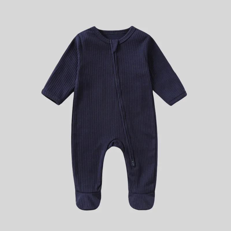 Autumn Zipper Baby Onesie Ribbed Knit Footed Romper Long Sleeve Solid Color Jumpsuit for 0-12M Newborn Infant Outfits