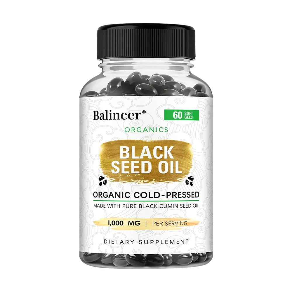Organic Black Cumin Seed Oil 1000mg Capsules, Cold-Pressed, Immune & Hair Skin Support, Nutritive Antioxidants Non-GMO Vegan