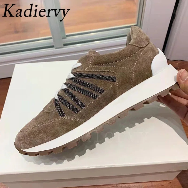 New Casual Shoes Women Suede Patchwork Round Toe Lace Up Genuine Leather Comfy Outdoor Walking Shoes Woman Sneakers Female