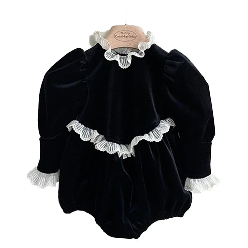 Newborn Baby Girls Lace Rompers Velvet Long Sleeve Infant One-Pieces Baby Bodysuit for Toddler Clothing Children Outfits 0-24m