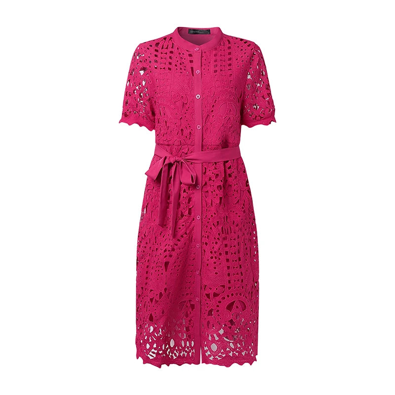 ZANZEA Elegant Lace Sundress Women Vintage Lace-Up Office Dress 2025 Summer Solid Hollow Out Vestidos A-Line CasualRobe Femme