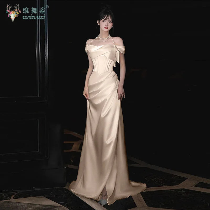 French Style Luxury Pleat Satin Strapless Light Wedding Bridal Dress Off-Shoulder Light Wedding Dress Birthday Party Prom Gowns