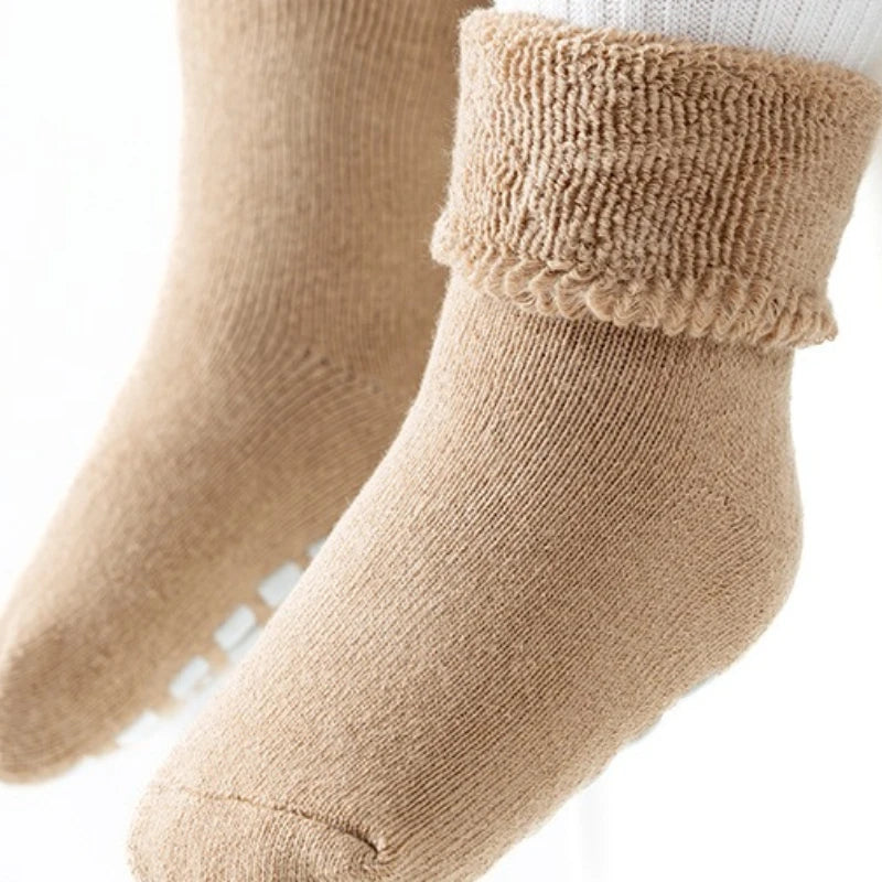 6 Pcs Unisex Baby Fleece-Lined Thickened Warm Terry Floor Socks for 0-3Y Boys & Girls Anti-Slip Mid-Calf Socks for Fall & Winter