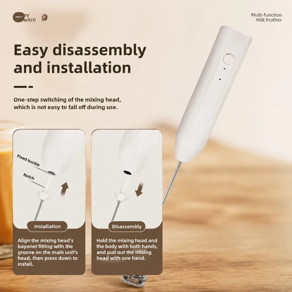 Electric Coffee Frother 2 In 1 Rechargeable Type-C Blender Stainless Steel 3 Speeds Milk Mixer Egg Beater Handheld Foam Maker