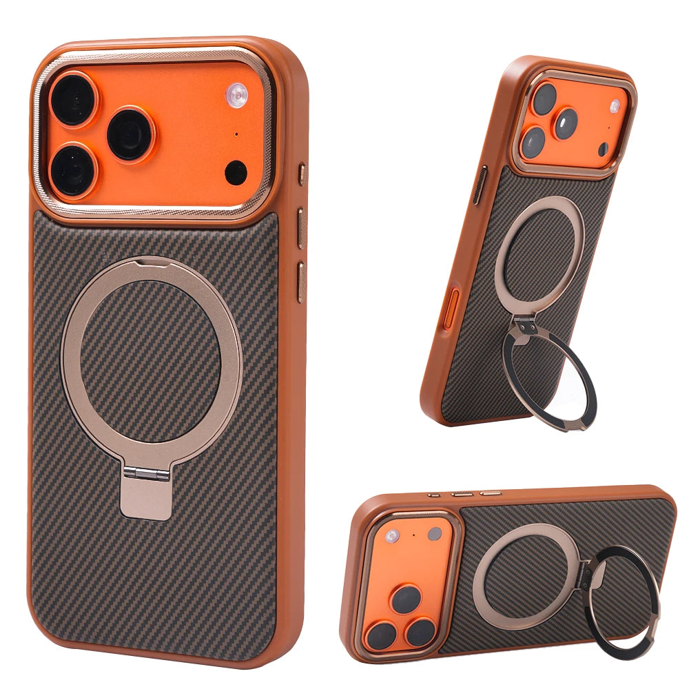 Carbon Fiber 360°Rotatable Magnetic Ring Stand Case Support Magnetic Wireless Charging Plating Camera Shockproof Cover For Phone
