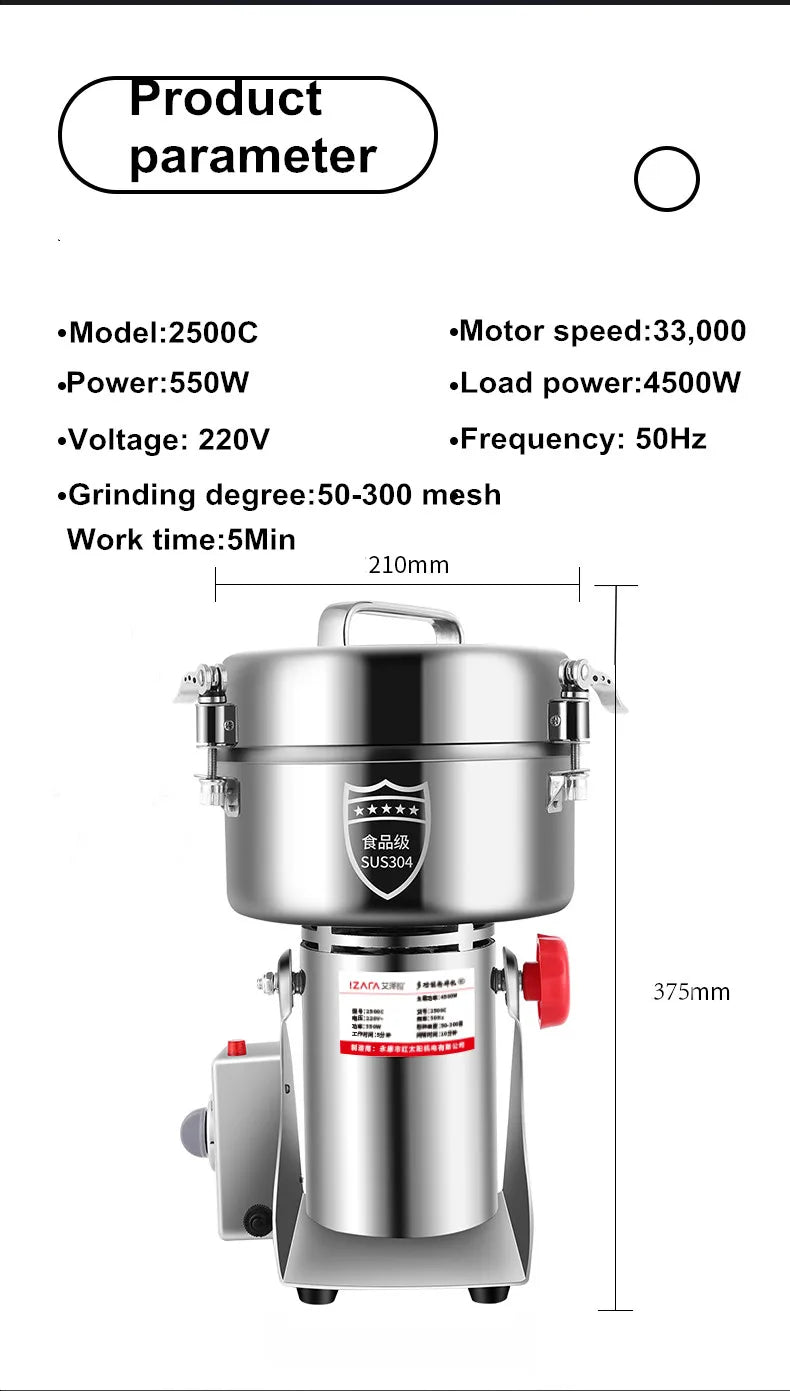 110V/220V 2500g Powder Machine Grinder Home Commercial Medicinal Herbs Cereals Spices Miscellaneous Grains Flour Grinder 4500W