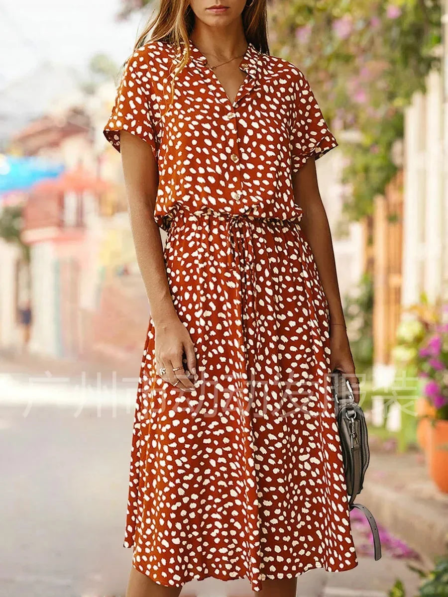New Fashion Women's Polka Dot Print Short Sleeve Midi Dress Cotton Summer New Arrival Knee-Length Stand Collar Regular Waist