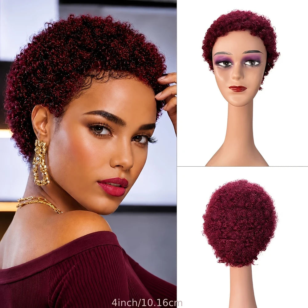 Short Kinky Curly Wigs Pixie Cut Wigs Human Hair for Women Bazilian Hair Machine Made Cap Natural Black/Brown/Burgundy Color Wig