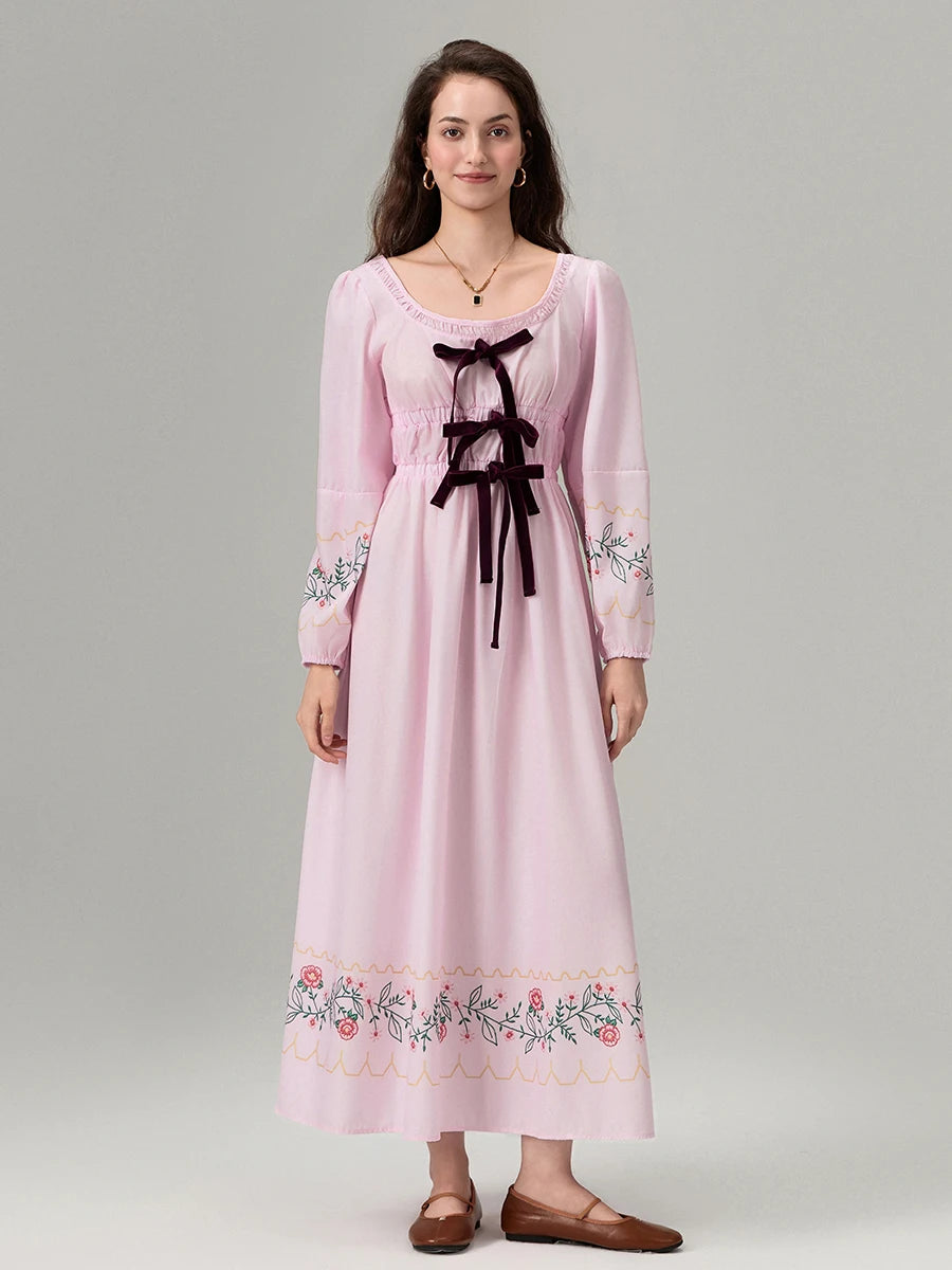 Women's 2024 Summer Boho Square Neck Front Bow Midi Dress Lady Vintage Puff Long Sleeve Plaid Ruffle Backless Maxi Dress