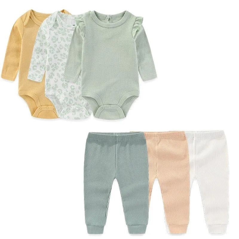6 Pcs Cotton Bodysuits+Pants Long Sleeve Newborn Baby Girl Clothes Sets Spring Print Baby Boy Clothes Solid Color 0-12M Autumn