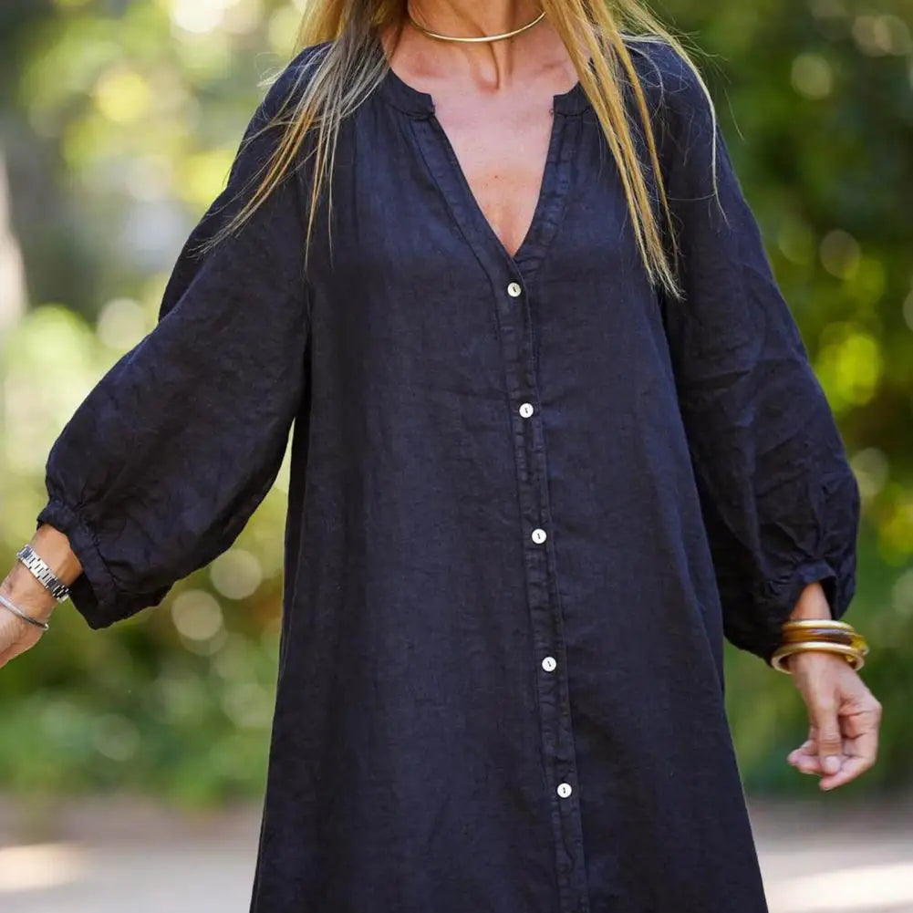 Spring Autumn Women Long Dress Loose Button-down 3/4 Sleeves Maxi Dress Pure Color V Neck Cardigan Casual Dress For Daily Wear