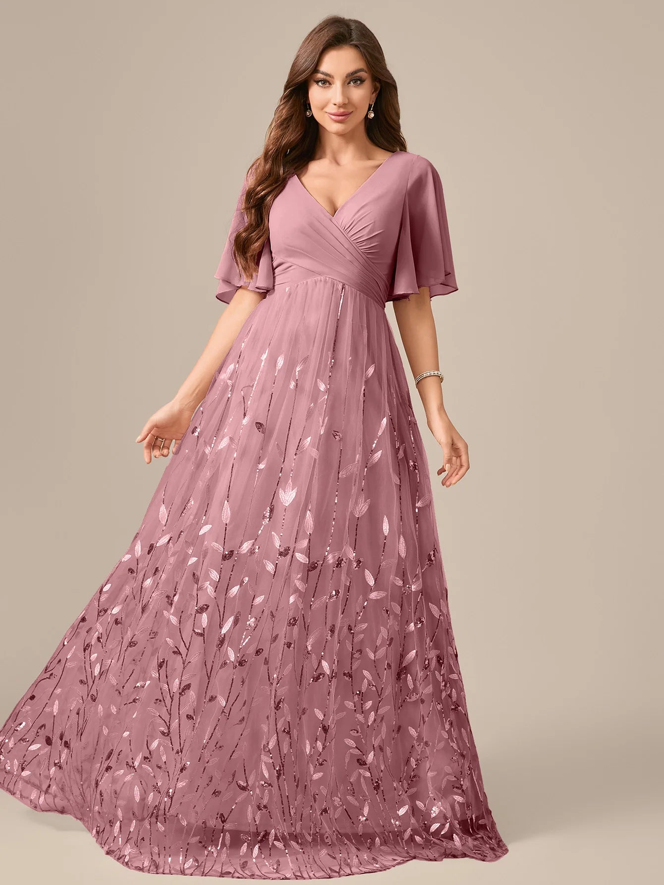 UNITHORSE Random Cutting V-neck Lace-Trimmed Sleeves Chest Pleats Leaf Pattern Tulle Patchwork Evening Dress