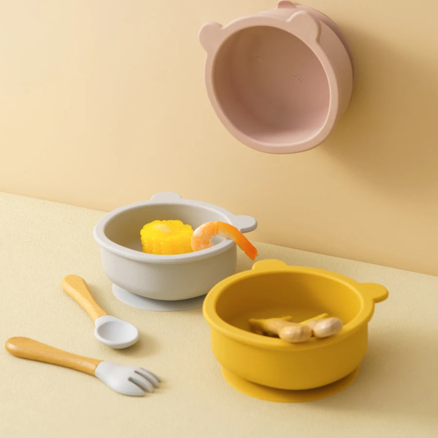 Mamaplan Baby Silicone Tableware Wooden Handle Spoon Fork Feeding Sucker Bowl Training Learning Baby Stuff  Baby Dinner Set