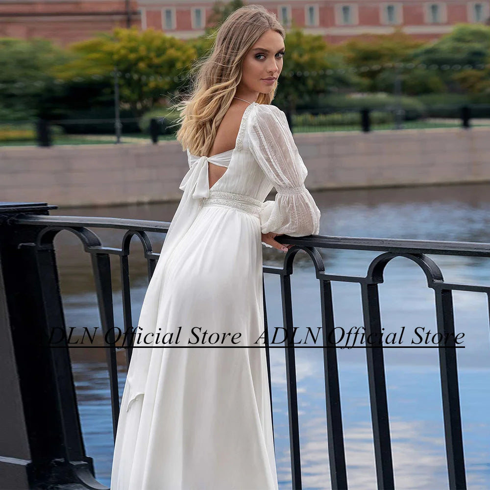 ADLN High Quality Beach Wedding Dresses Square Neck Puff Slevees Beading Pearl Sweep Train Chiffon Boho Bridal Gown Robe Mariage