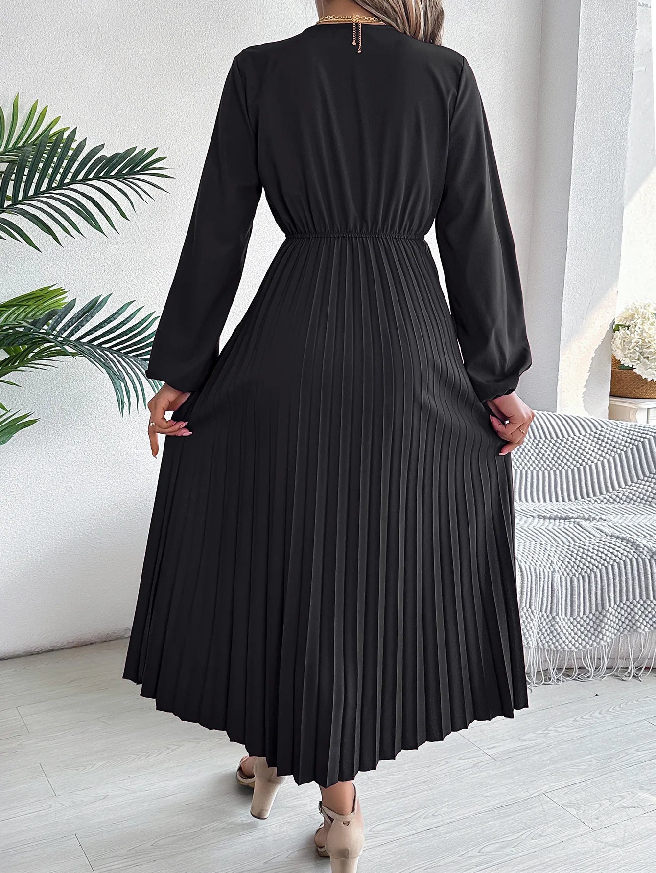 Women's Elegant Solid Color V-Neck Waist-Cinching Long Sleeve Midi Dress with Pleated Ruffles | Spring Autumn Fashion