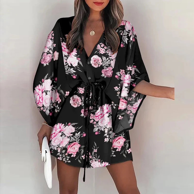 Women Casual Loose Dress Beach Boho Dress Fashion Vintage Print V Neck Drawstring Mini Dress Summer Dresses Robe Femme 2022