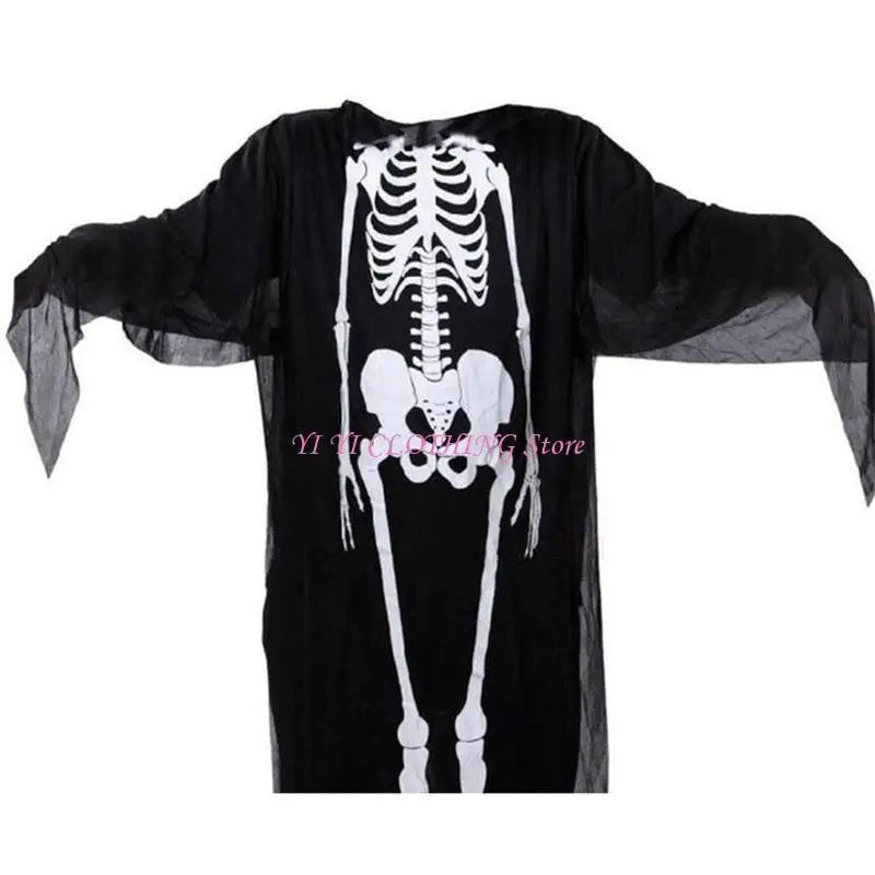 Halloween Skull Skeleton Cosplay Costume Scary Ghost Robe with Front Bone Print for Children Adult Carnival Party Cloak