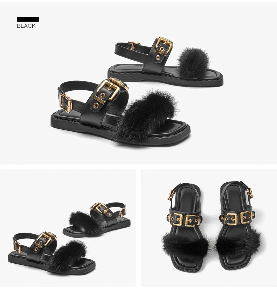 BeauToday Flat Sandals Women Cow Leather Square Toe Mink design Buckle Strap Elegant Female Furry Shoes Handmade 32372