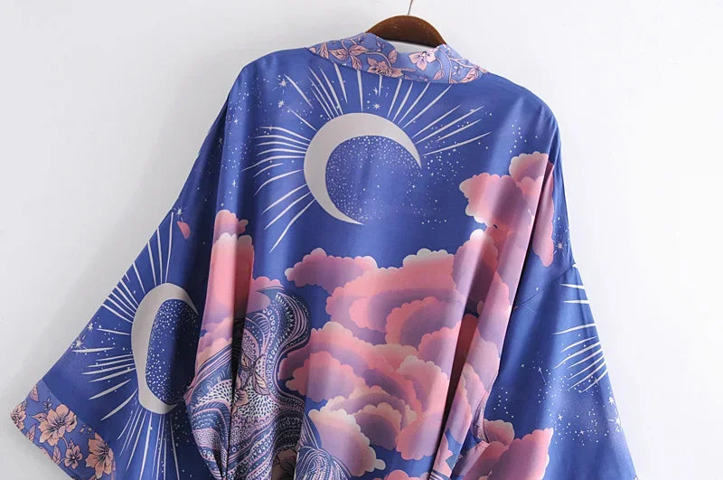 Happie Queens Vintage Star and Moon Floral Print Sashes Women Bohemian V Neck Batwing Sleeves Happie Short Robe Kimono