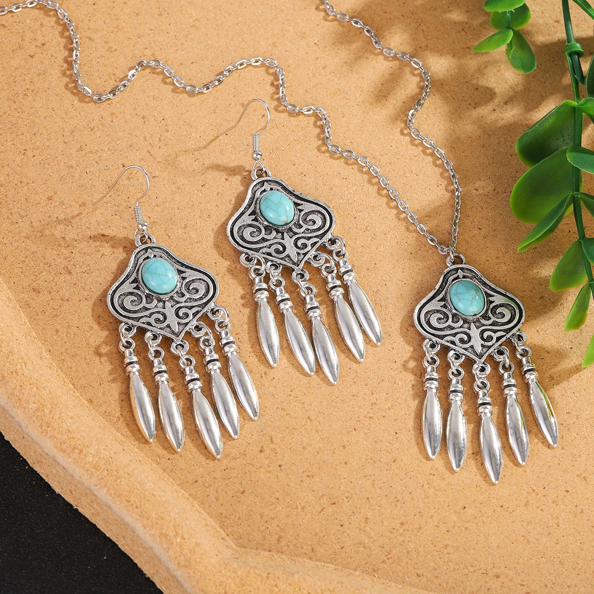 2023 Indian Jewelry Set Ethnic Silver Plated Geometric Carved Tassel Earring Necklace Women's Blue Turquoises Chain Jewelry