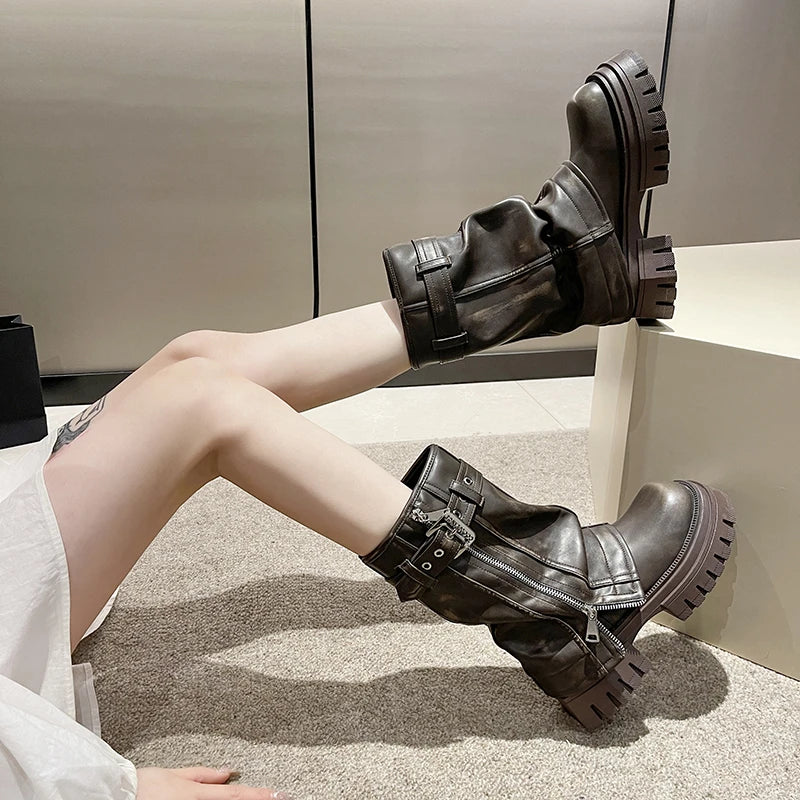 2025 Winter Designer Women Mid-calf Boots Western Short Boots Belt Buckle Soft Leather Boots Fashion Thick Bottom Platform Shoes