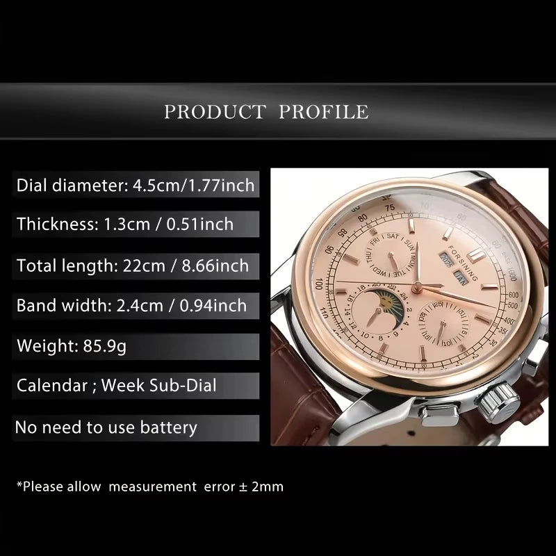 Forsining Retro Mechancial Watches Moon Phase Shanghai Movement Rose Gold Case Brown Leather Strap Luxury Automatic Mens Watch