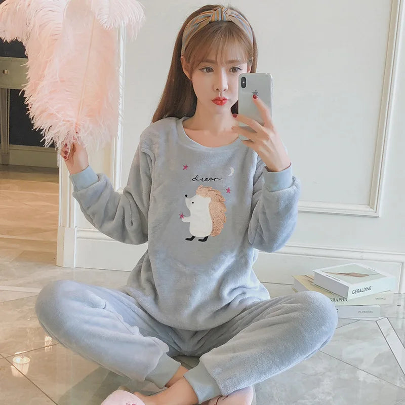 Autumn Long Sleeve flannel Maternity Clothing winter Thin coral fleece Pajamas Set Pregnant Women Breastfeeding Nursing Pyjama