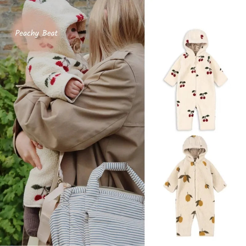 Baby Boy Girl Lamb Wool Hooded Jumpsuit Infant Toddler Child Warm Outfit Long Sleeve Spring Autumn Winter Baby Clothes 0-2Y
