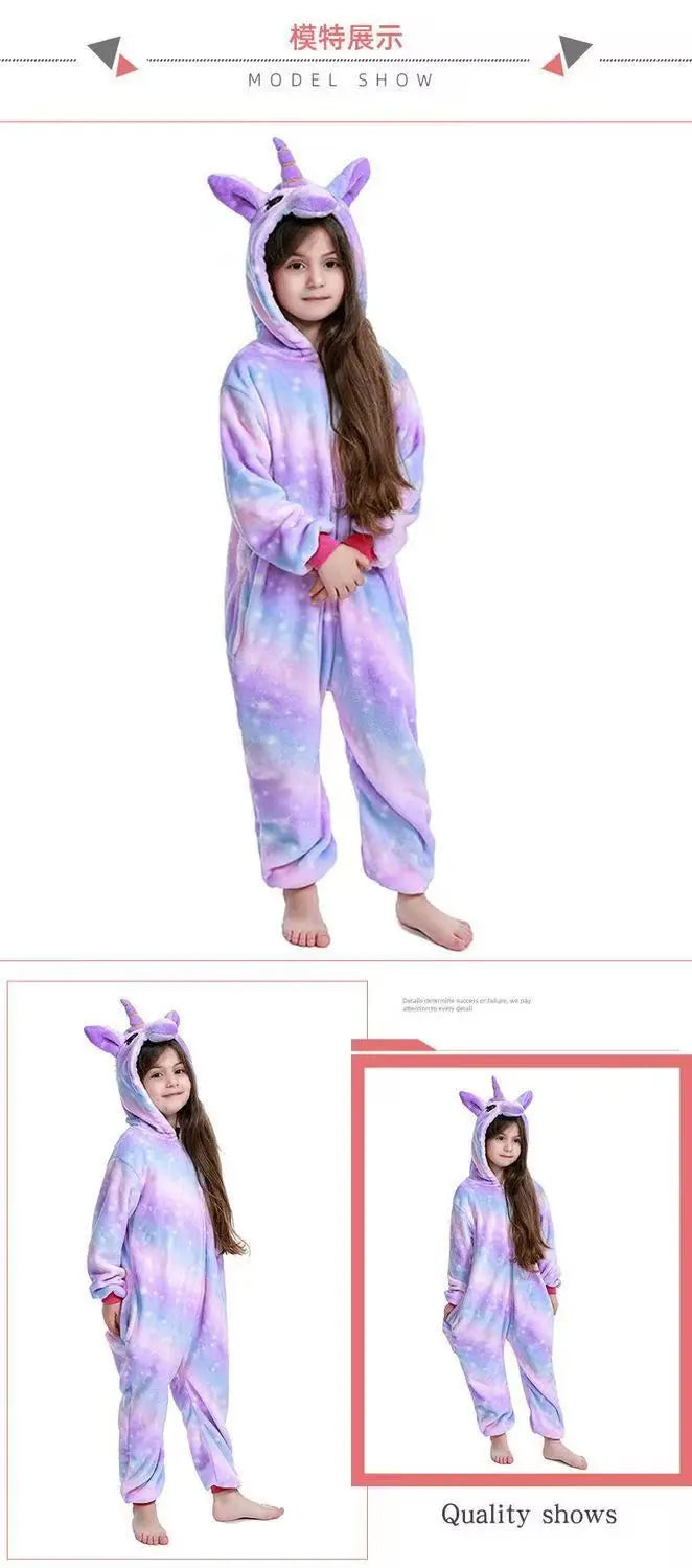 4 6 8 10 12 Years Girls Black Cat Jumpsuits Unicorn Pajamas Kigurumi Toddler Kids Hooded Flannel Home Wear Children Onesie
