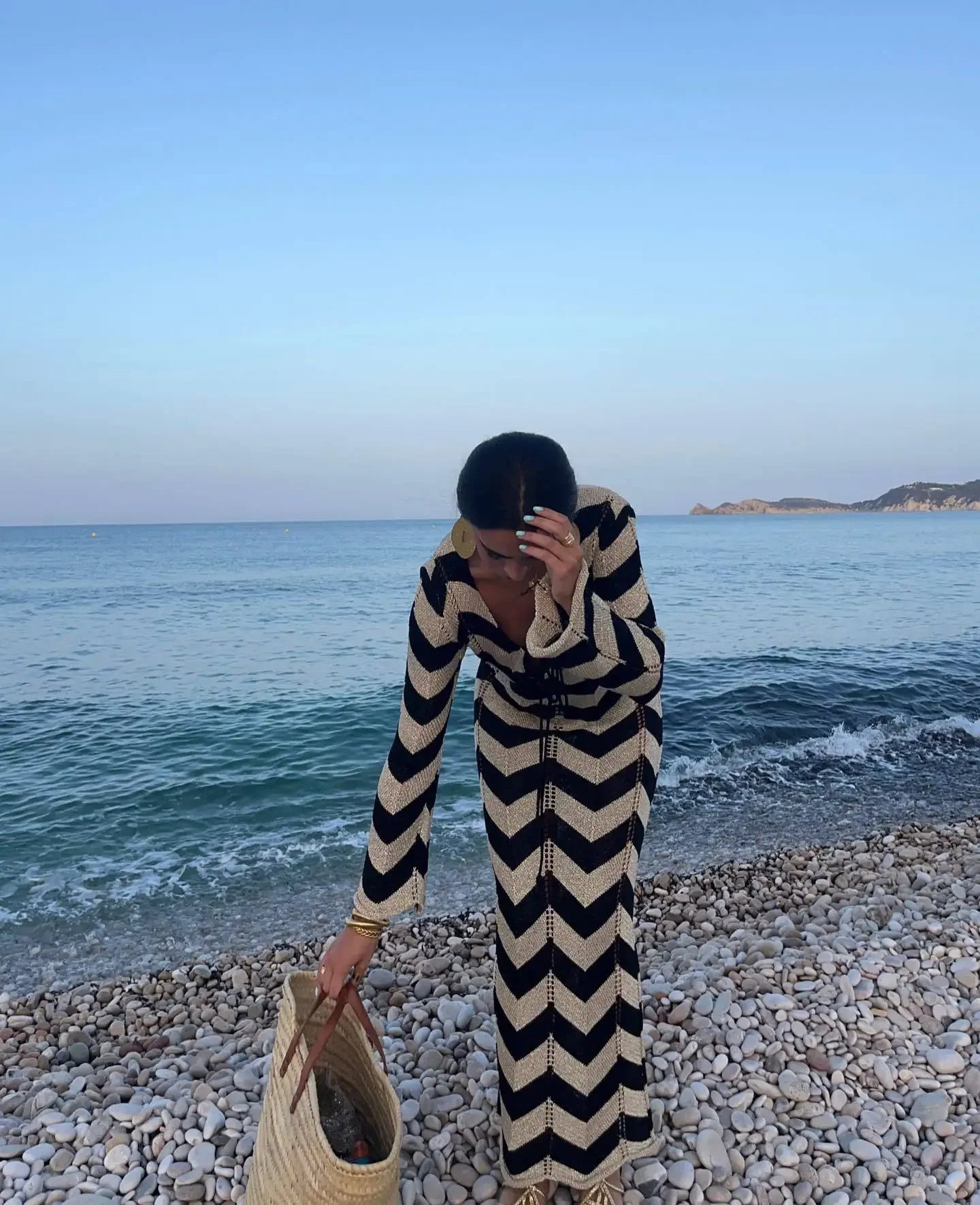 2025 Women's  Stripled Long Sleeve Slim Elegant Knitted Maxi Dress V Neck Autumn New Lace Up Hollow Sexy Beach Cover Up Dress