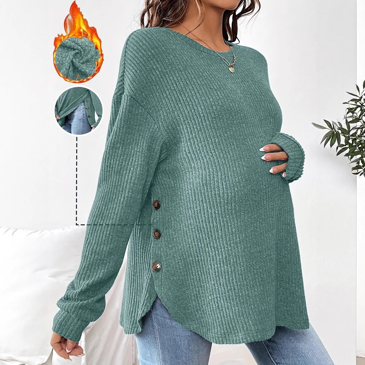Pregnant Women's New Top For Autumn And Winter Casual Pullover Round Neck Long Sleeved Button Sweater
