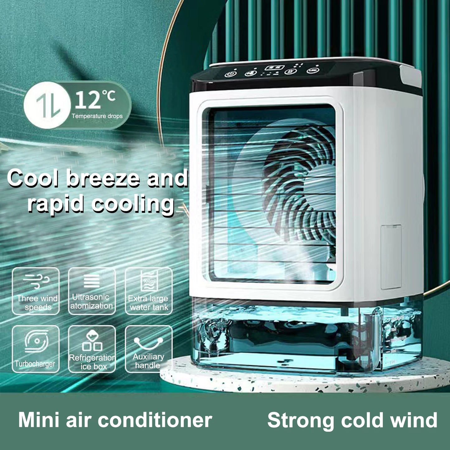 Portable Air Conditioner, Desktop Cold Fan with Colorful Atmosphere Light, Evaporative Air Cooler with Ice Box, 3 Wind Speeds