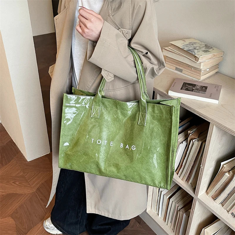 Women's Glossy Leather Tote Bag Letter Print Large Capacity Casual Commuter Shoulder Bag Fashion Daily Shopping Handbag 2026