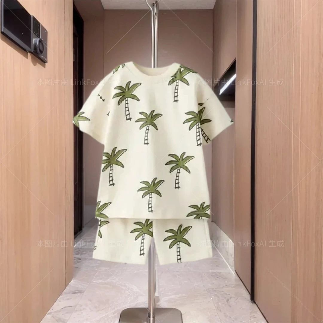 Cute Cartoon Print Design Short Sleeved Shorts Summer Men's And Women's Two-piece Set Children's Short Sleeved T-shirt Set