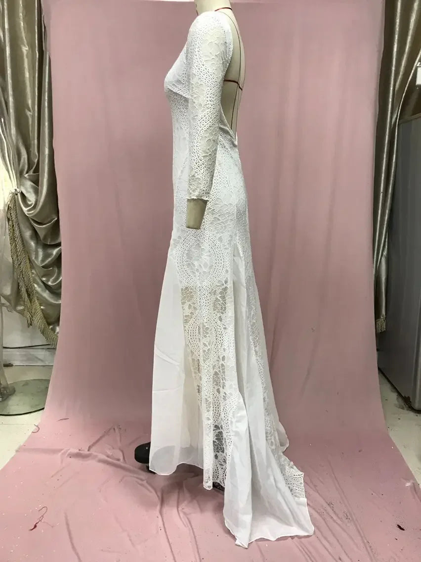 2025 Spring New Women's Celebrity Banquet Wedding Dress Crew Neck Long Sleeve Printed Halter Lace Dress