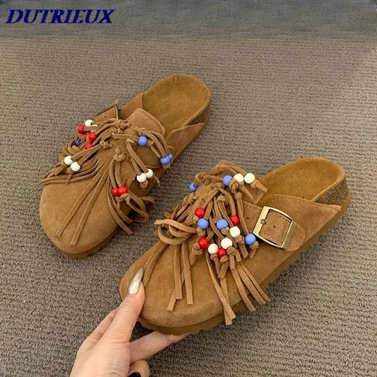 2025 Women Mules Shoes Flats Suede Women's Sandals Fringes Summer Fashion Slippers Walking Dress Cozy