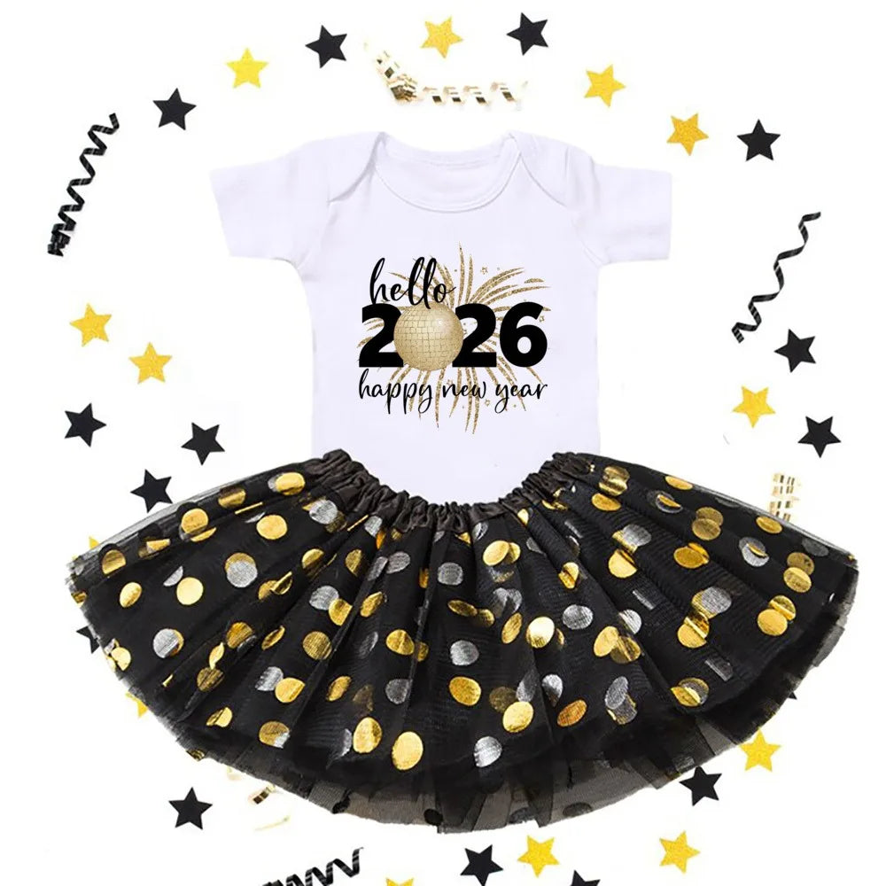Hello 2026 Print 2 Piece Baby Girls Bodysuit Dress Set New Year Girl Short Sleeve Romper + Tutu Skirt Infant Dresses Set Outfit