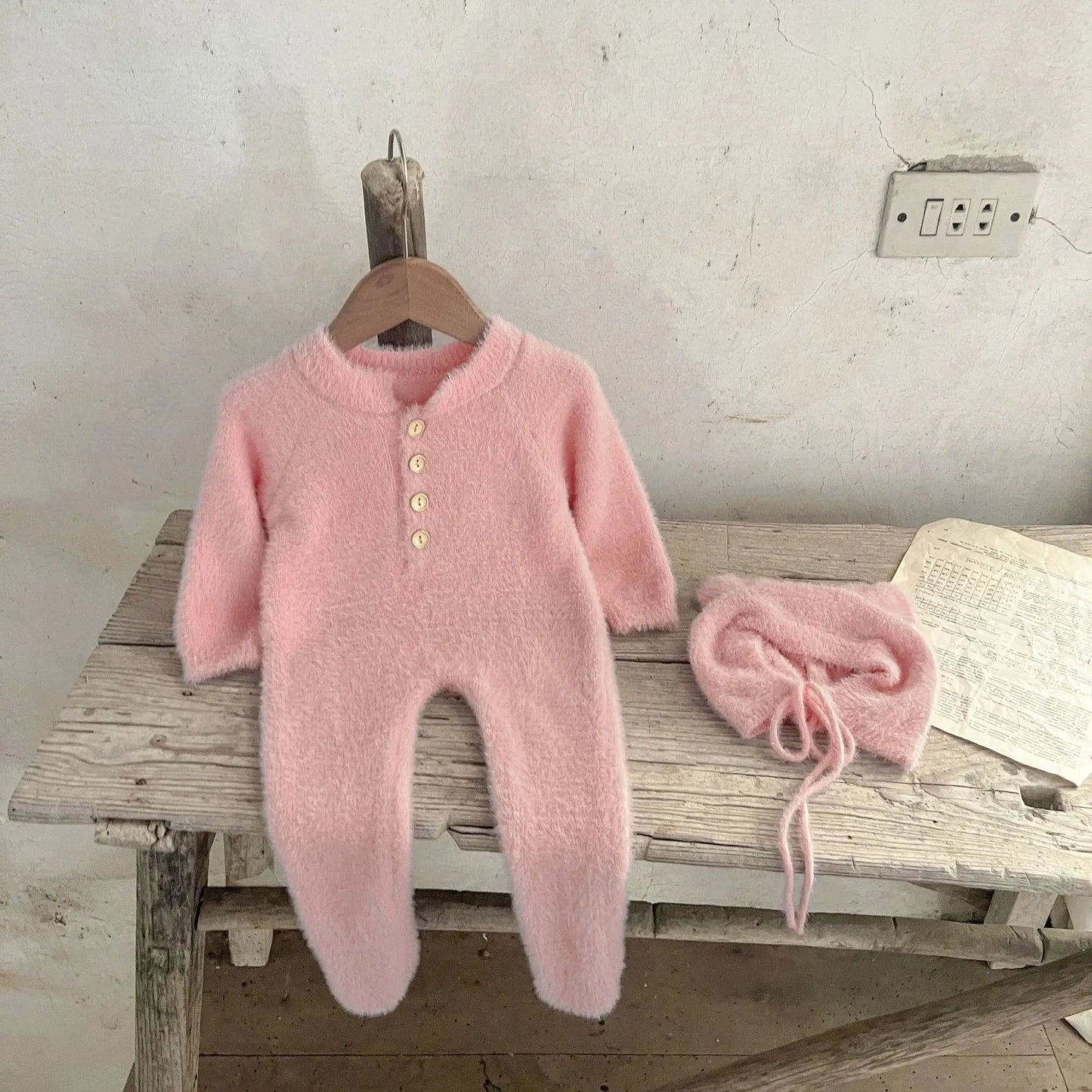 Baby Outfit Newborn Photography Props Mohair Knitted Bear Rompers Footed Jumpsuit Hat 2pcs/Sets Photography Clothing Accessories