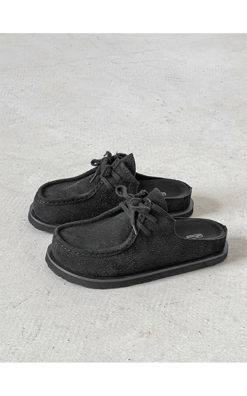 2025 Retro bag head lace-up leather one-pedal summer half slippers men and women couple cowhide shoes