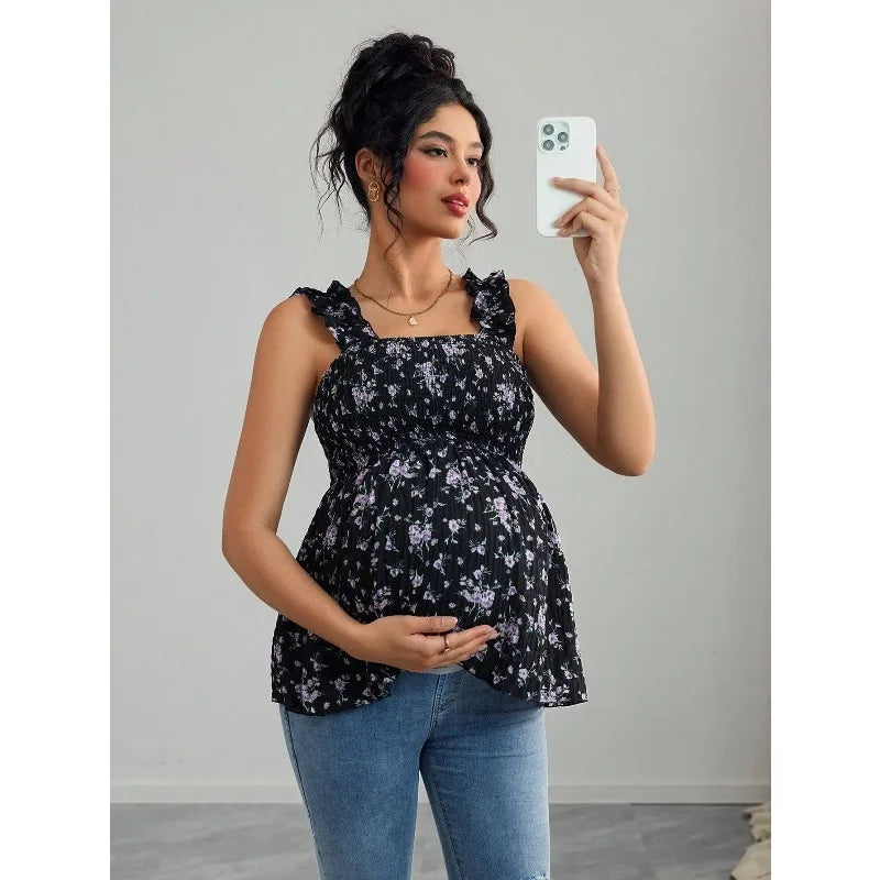 Maternity Clothing Spring and Summer New Printed Suspenders Maternity Top Square Collar A Word Maternity Vest Pregnancy Shirt