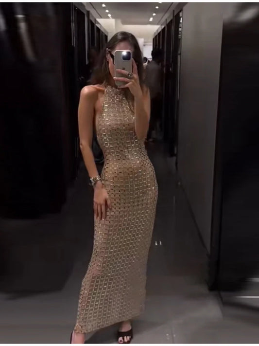 Sexy See Through Shinny Party Maxi Dress For Women O Neck Sleeveless Slim Fit Long Vestidos 2025 New Lady High Street Robes