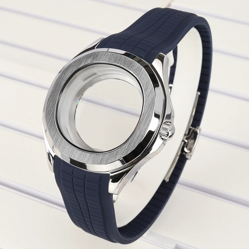 42mm Silver NH35 Watch Case Polished Brushed Black strap SapphireGlass For Nautilus AQUANAUT Cases Part NH35 NH36 NH38 32mm Dial