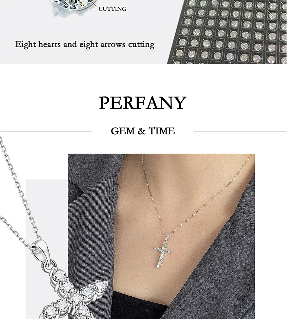 PERFANY All Moissanite Necklace for Women S925 Pure Silver Cross Design Pendant Laboratory Certified Diamond Fashion Jewelry