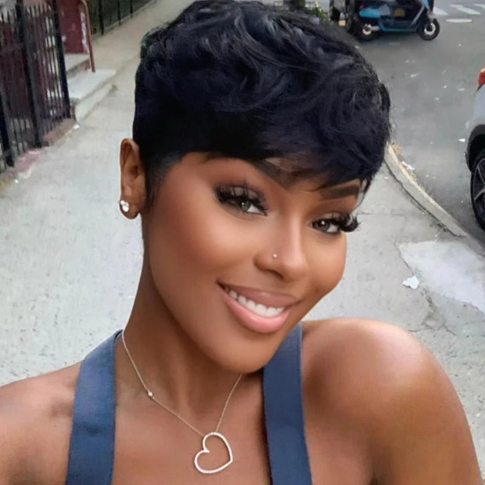 Pixie Cut Straight Black Human Hair Short Bob Wig Cheap Remy Human Hair For Black Women Full Machine Made Wig For Daily Use