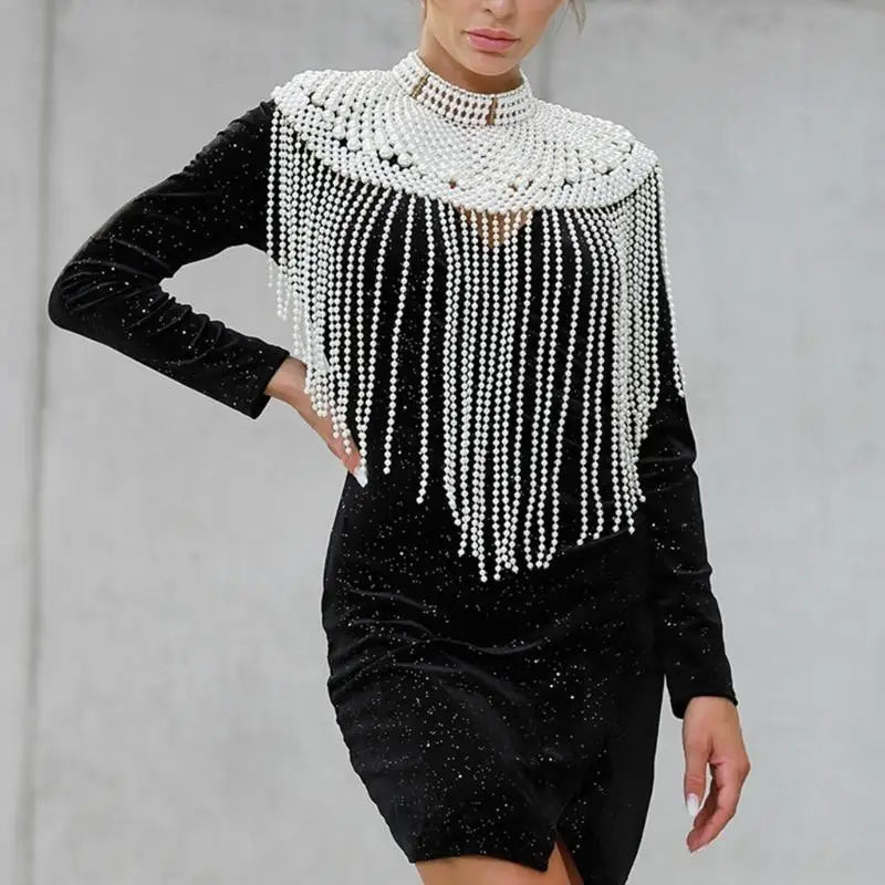 P9FE Fringed Pearls Shawl Wrap for Female Shoulder Chain Necklace Elegant Bride Shawl Formal Dress Shoulder Wrap Body Chain