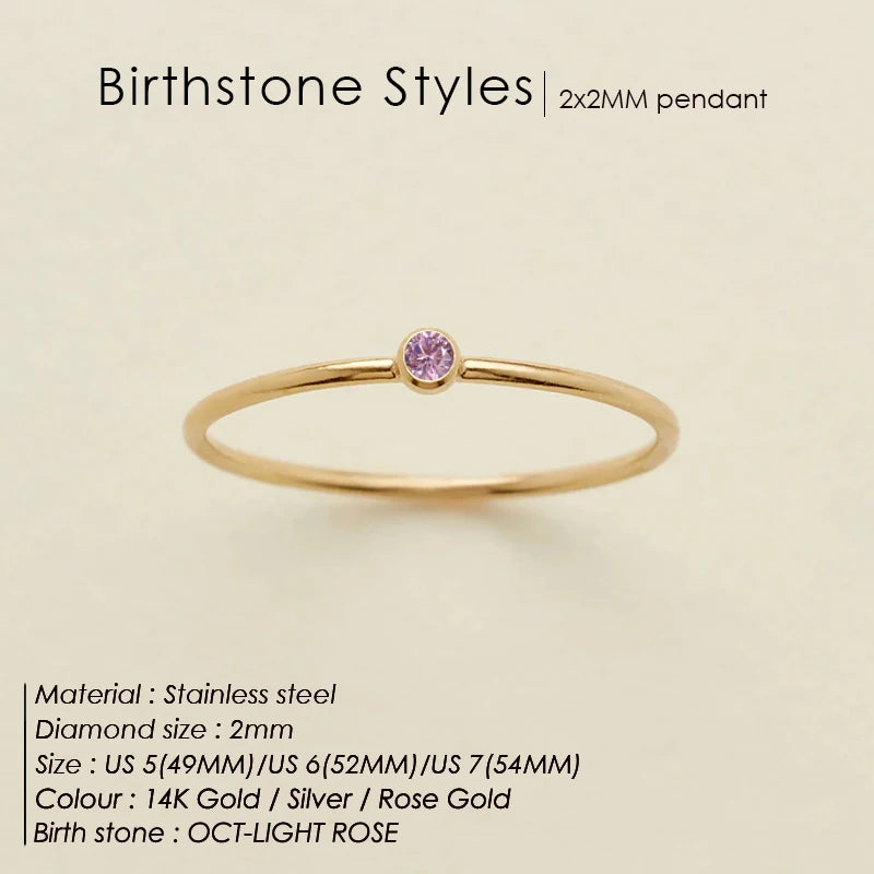 14K Gold Plated Stainless Steel Birthstone Ring for Women Tiny Thin Stacking Ring Colorful Zircon Crystal Aesthetic Jewelry Gift